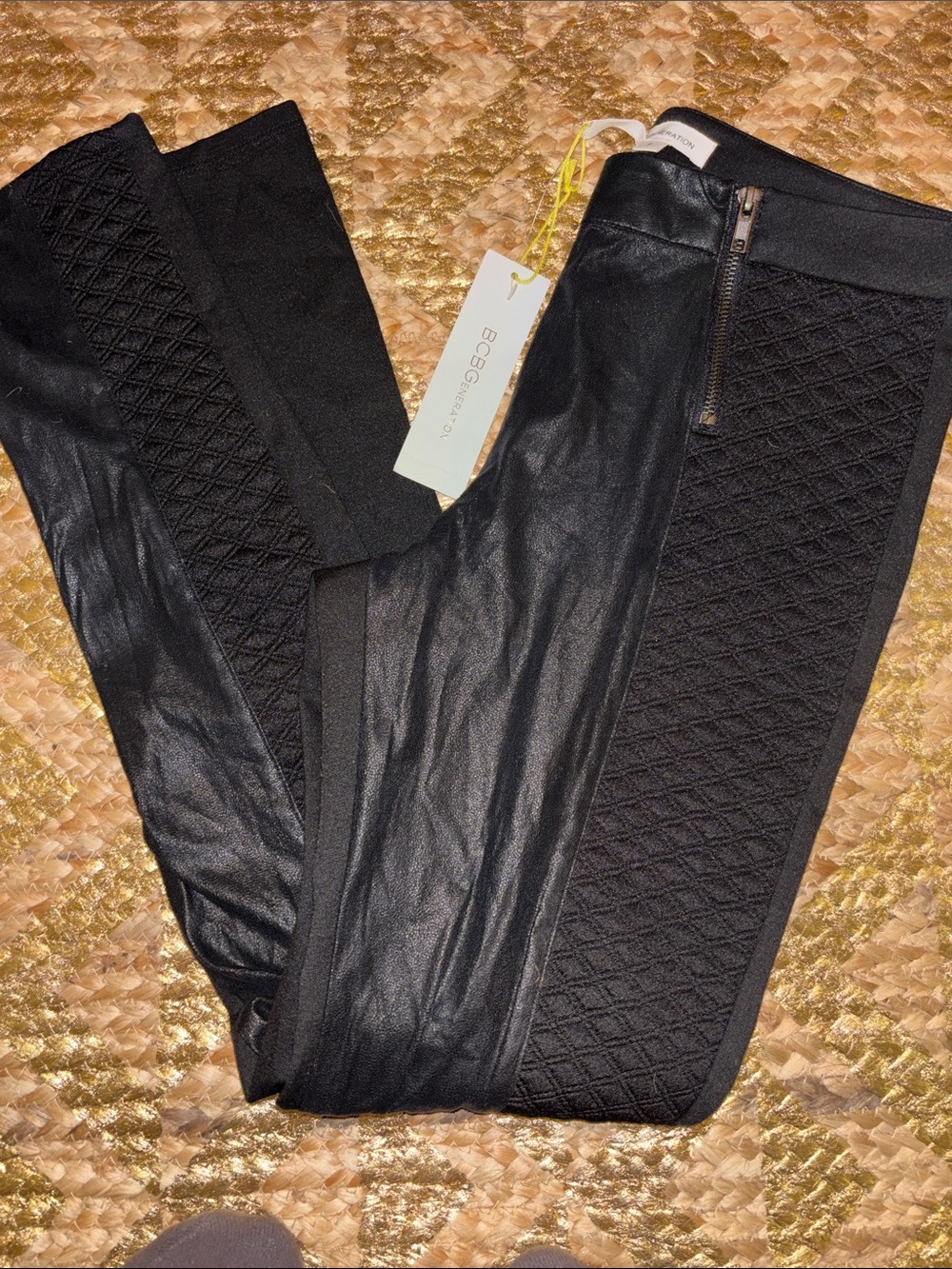 BCBG  Black Quilted Side & Faux-Leather Front Ponte Pants